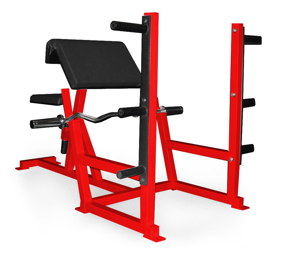 Red and black weight lifting bench on a white background