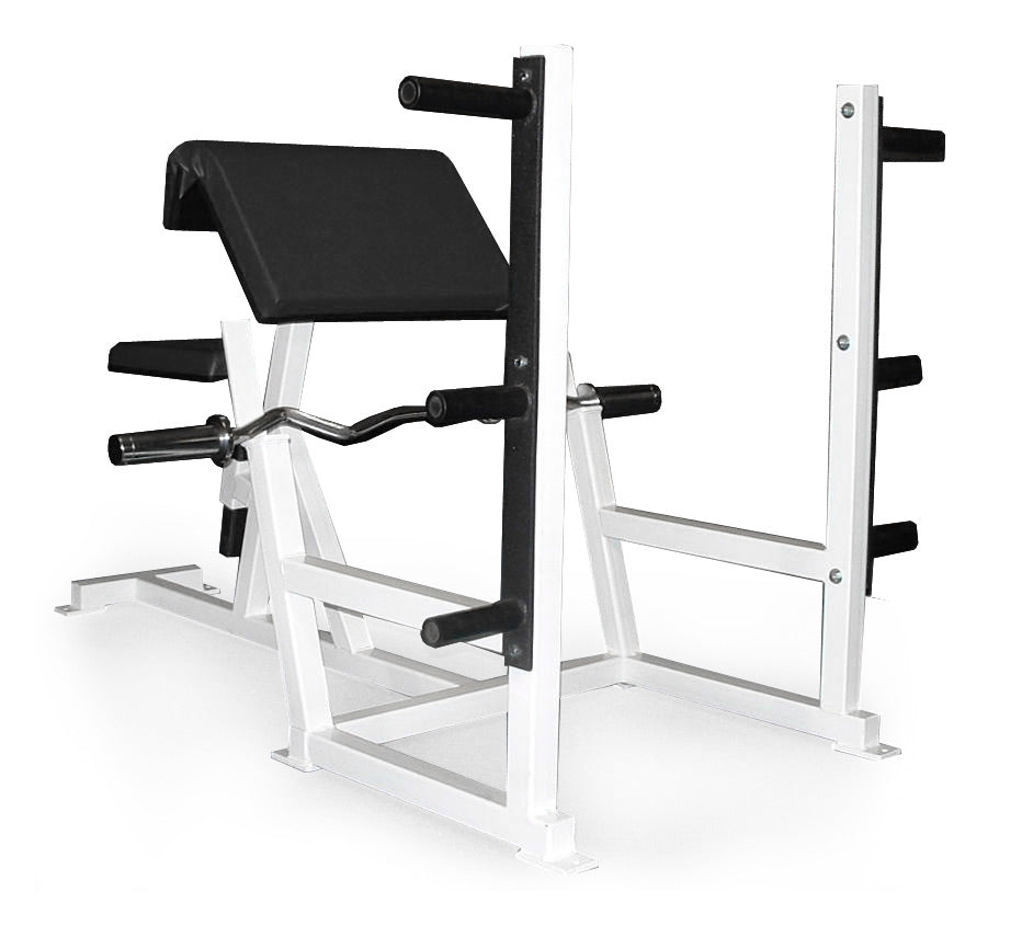 White weight bench with black padding on a white background