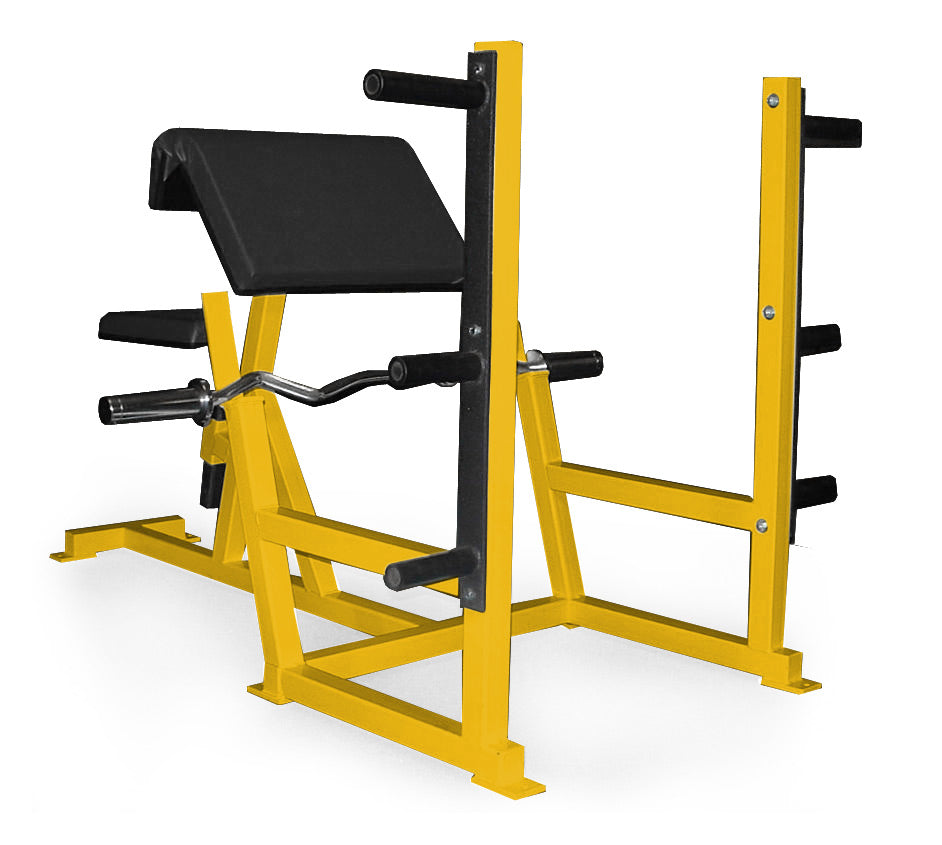 Yellow weight lifting bench with black padding on a white background