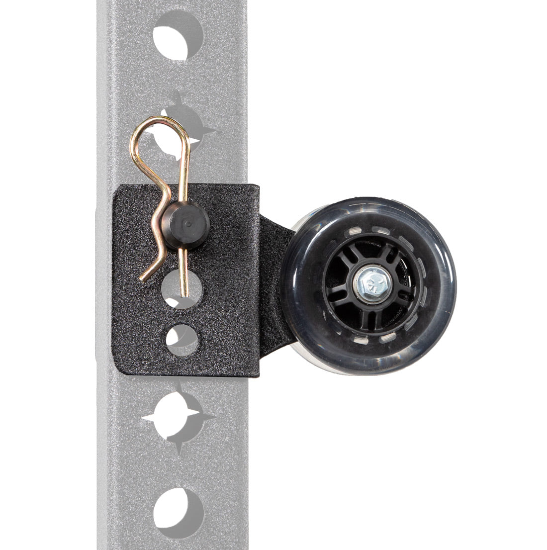 dual roller rack attachment on a rack bar, side view with a pin keeping the attachment holder in place