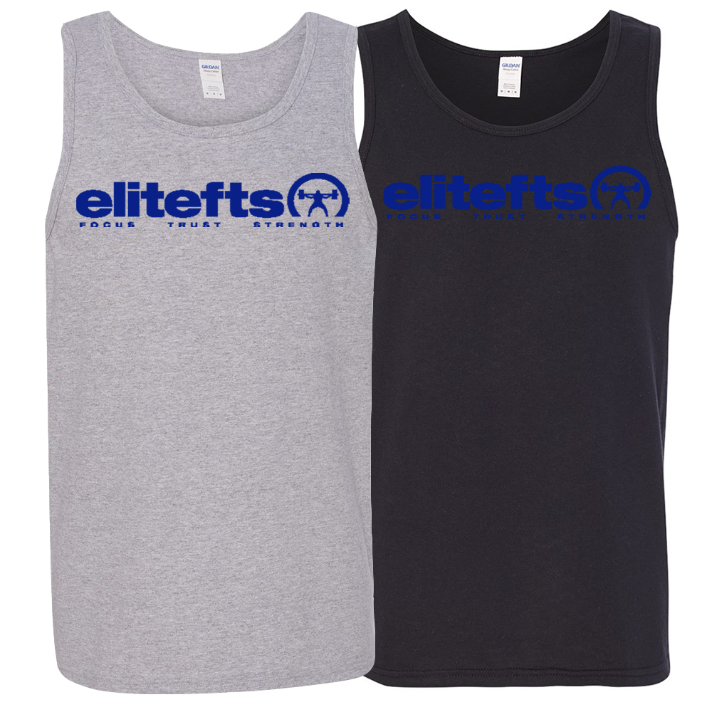 two tank tops, one black and one gray, with a blue EliteFTS logo in royal blue letters