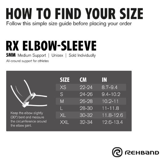rehband rx elbow sleeve 5mm size chart
