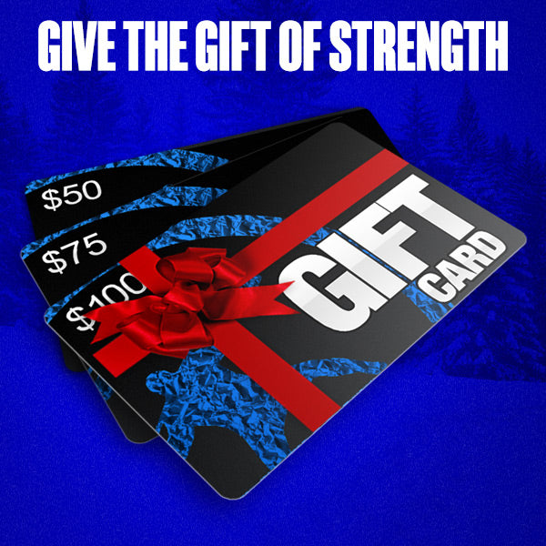 Gift cards with red ribbons on a blue background with text 'Give the Gift of Strength'.