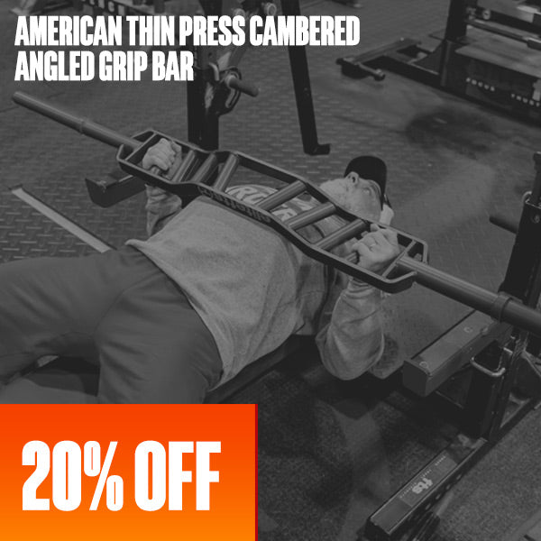 Person using an American thin press cambered angled grip bar with promotional text overlay.