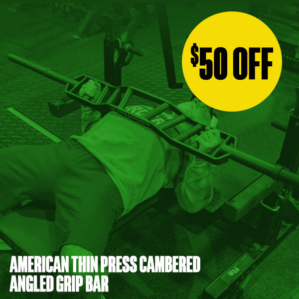 Person using a gym bar with promotional text overlay on a green background