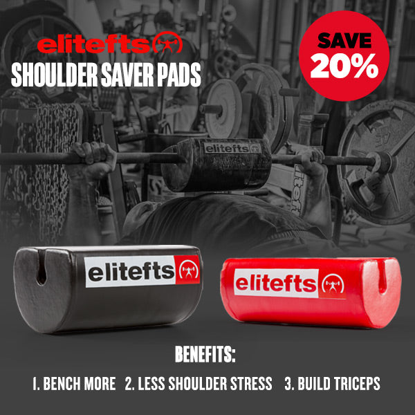 Advertisement for elitefts shoulder saver pads with a person lifting weights in the background.