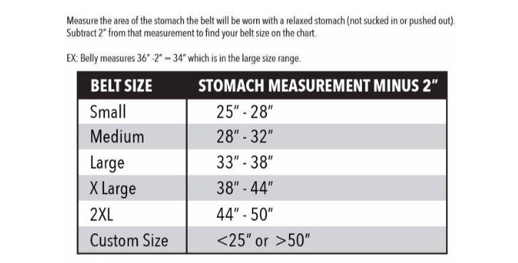 SPUD MEN'S DEADLIFT BELT 2 PLY size chart