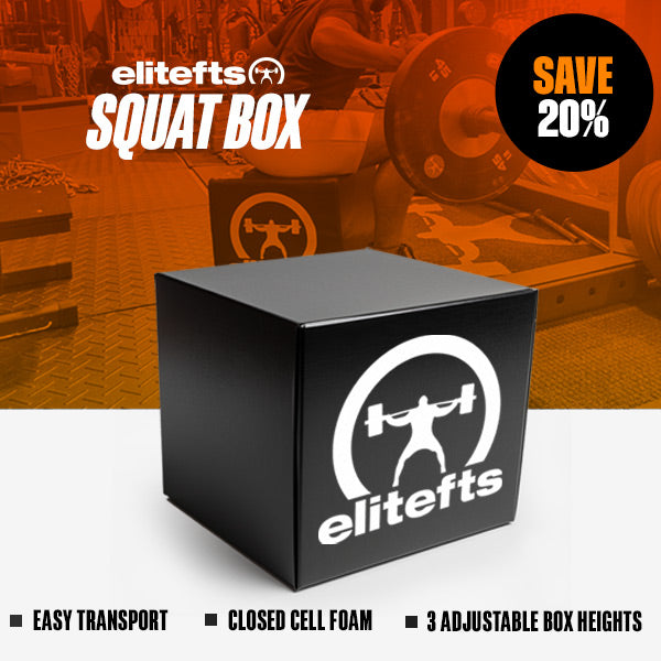 Black 'elitefts' squat box with promotional text on a gym background