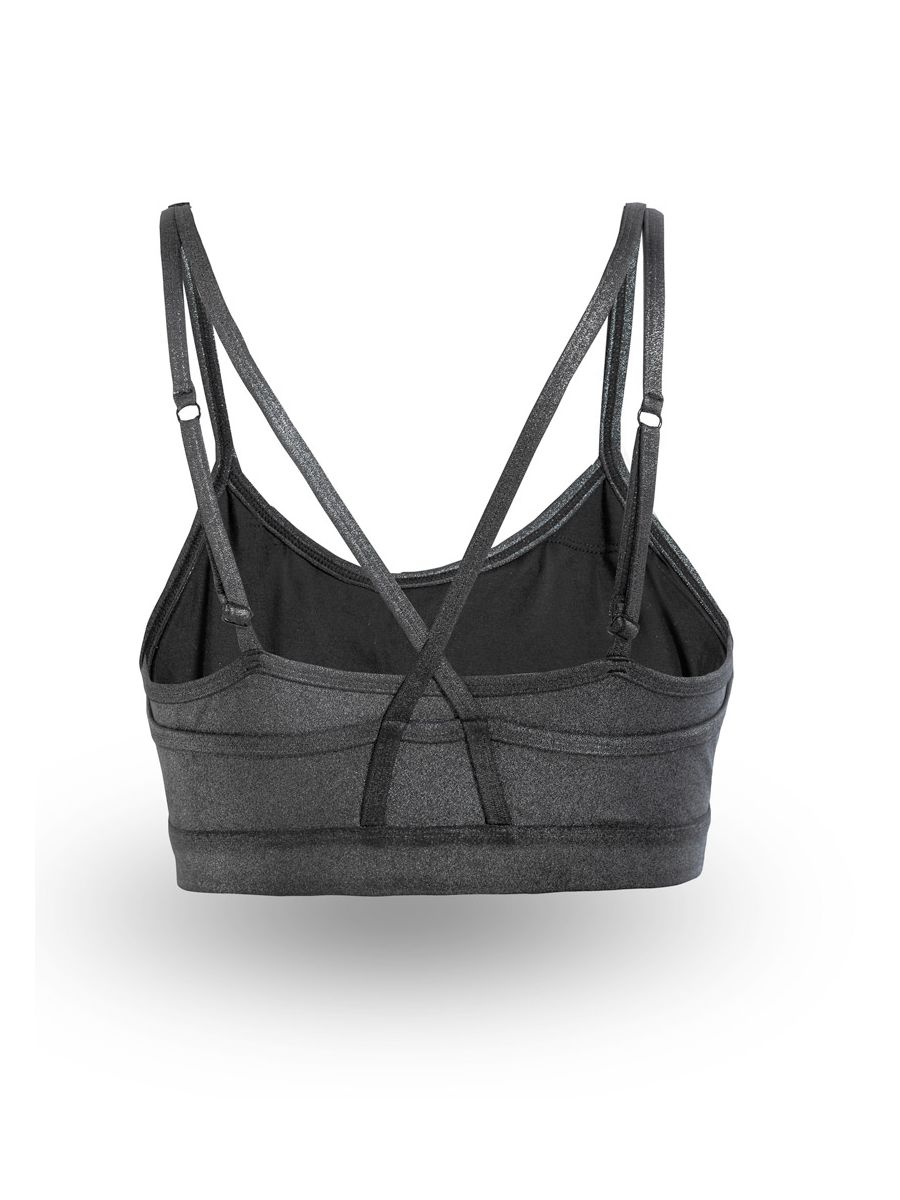 Gray sports bra with thin straps on a white background