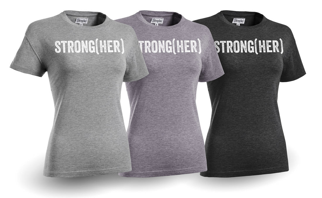 Three t-shirts with 'STRONG (HER)' text on a white background