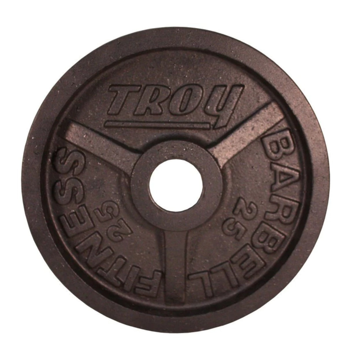 Brown weight plate with 'Troy' branding on a white background