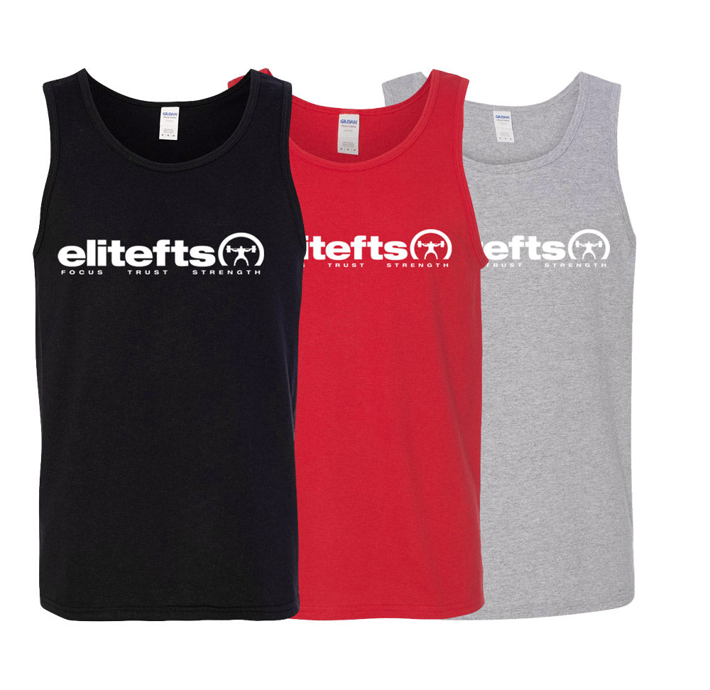 three tank tops, colored red, black, and gray respectively, with the EliteFTS tagline decal on the chest