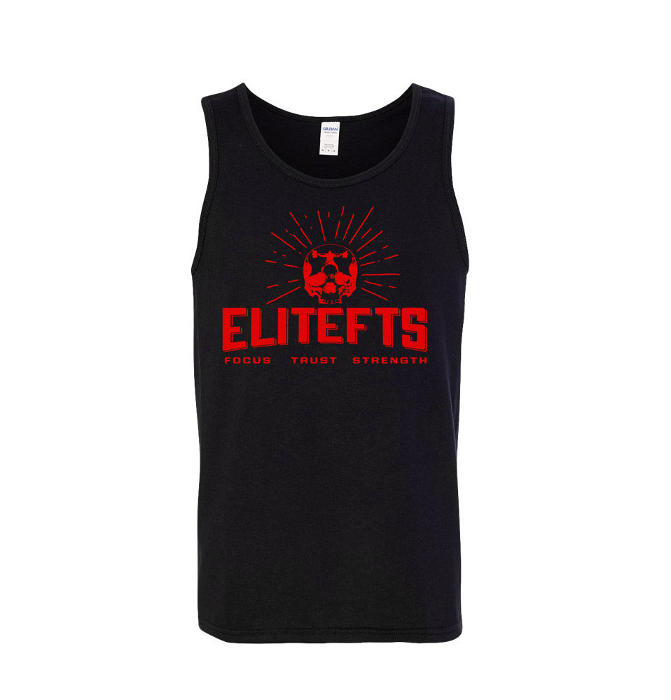 photo of a black tank top with a red Skull EliteFTS logo black