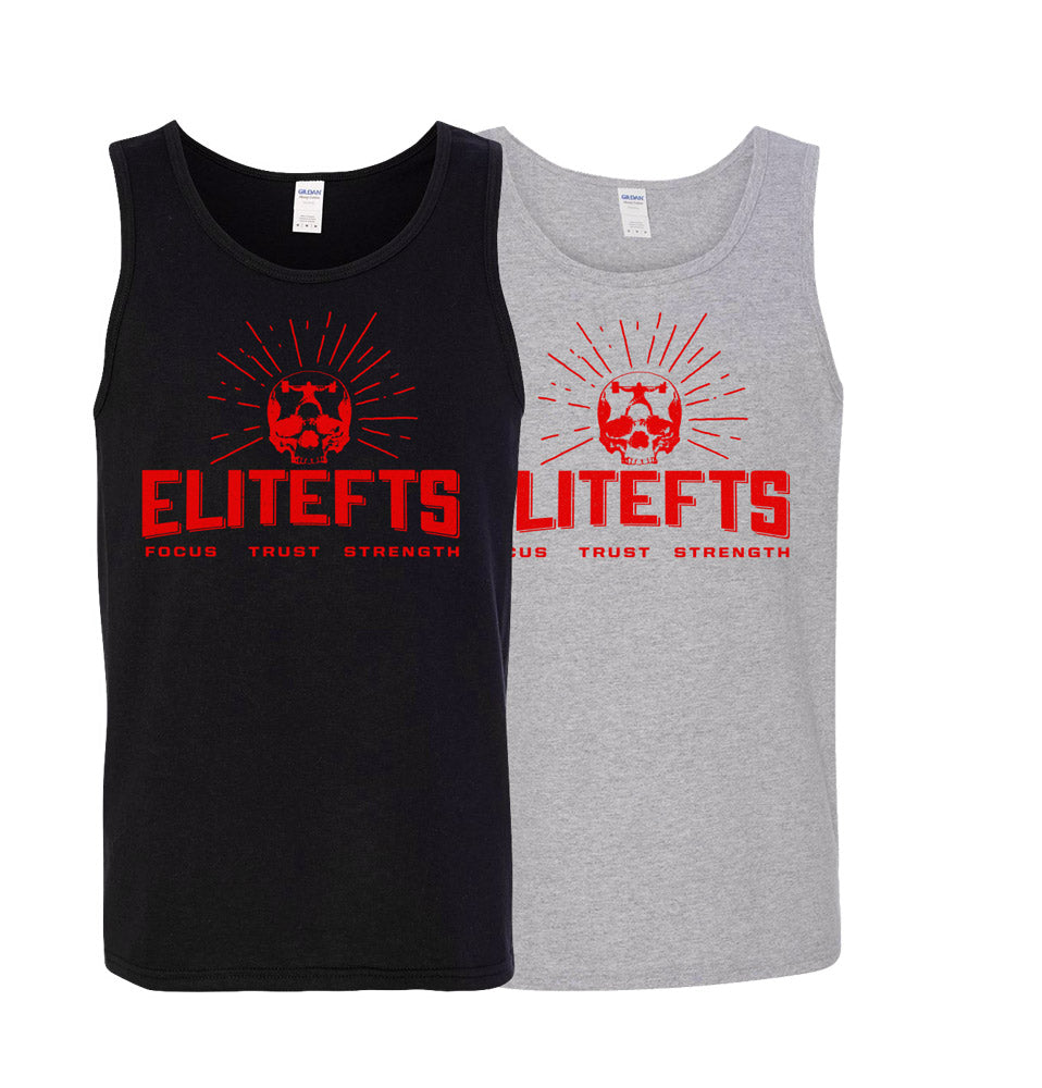 photo of a black tank top with a red Skull EliteFTS logo
