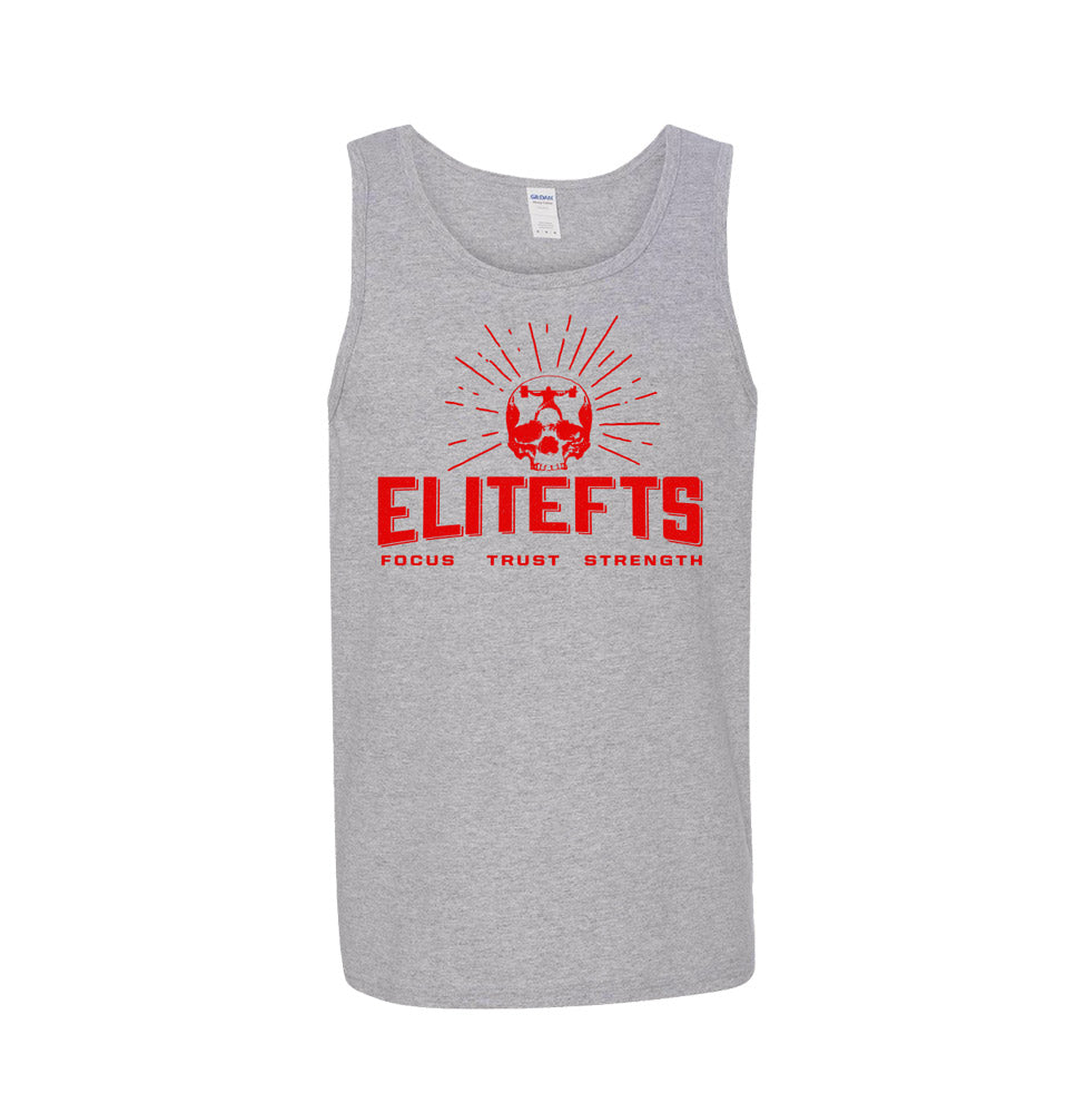 photo of a black tank top with a red Skull EliteFTS logo grey