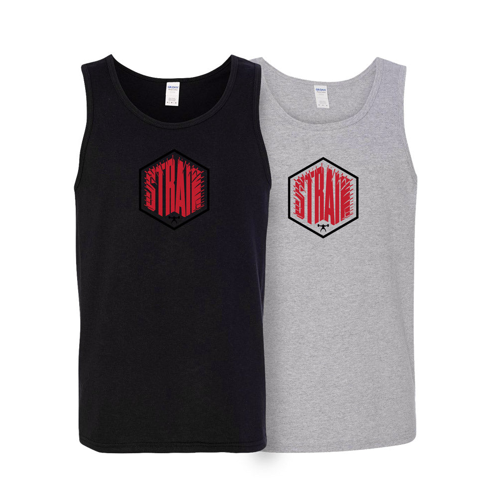 the strain logo in the middle of the chest of two tank tops, one black and one gray