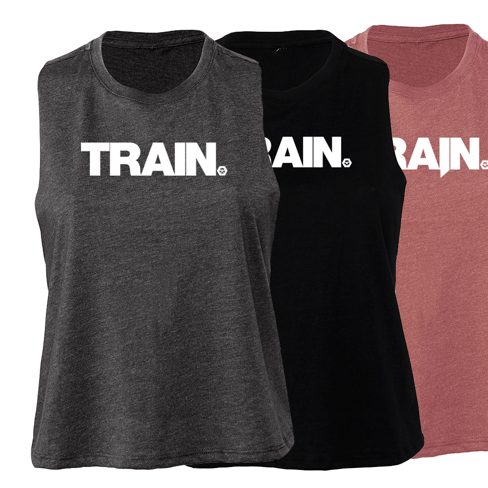 three sleeveless woman's tank tops, one black, one platinum grey, and one mauve, with the Train decal on the front
