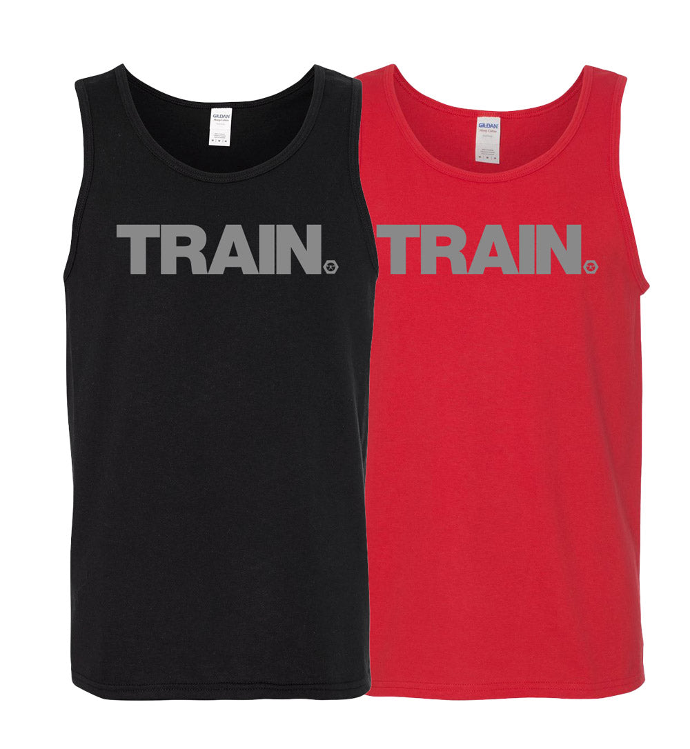 a tank top with gray text of the Train decal on the chest