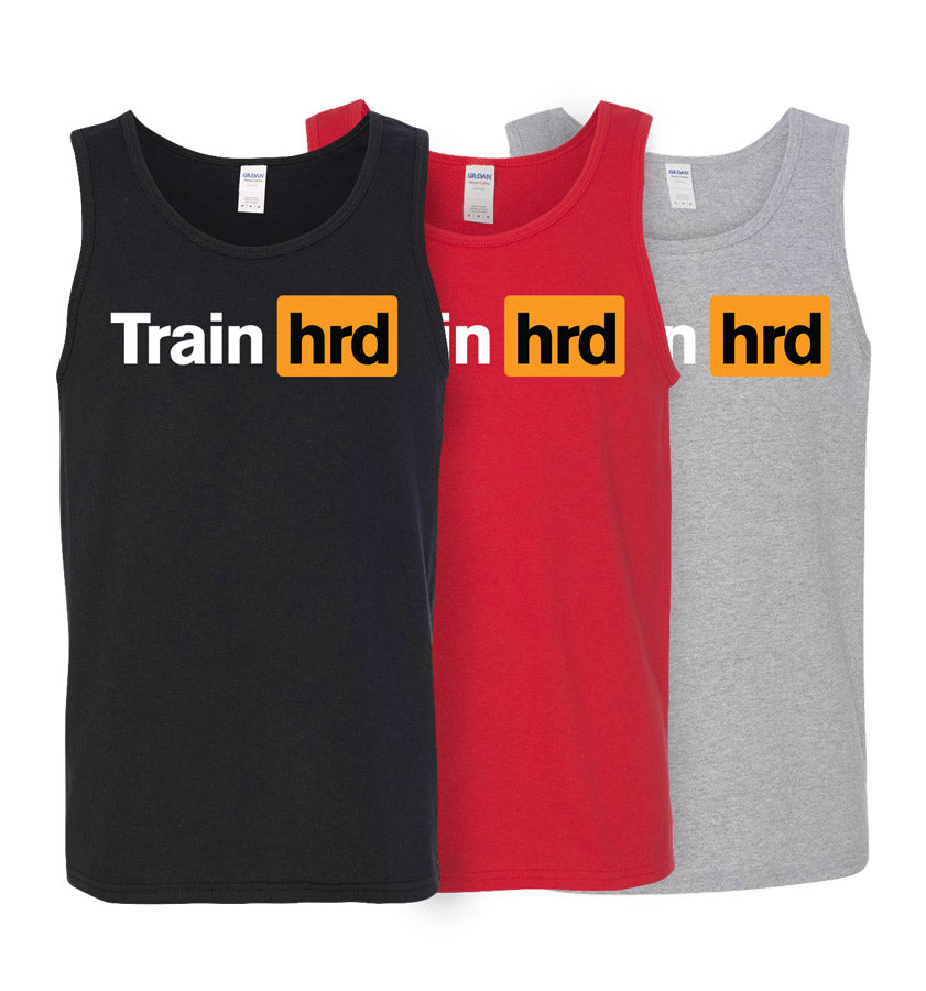 photo of three tank tops with the Train Hard logo on the chest, one red, one gray, and one black