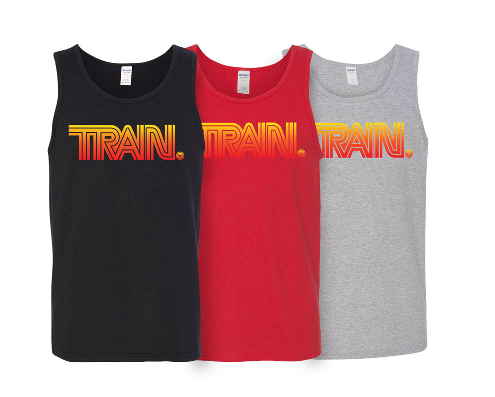 three tank tops with the Train Lines logo on the chest area, one red, one gray, and one black