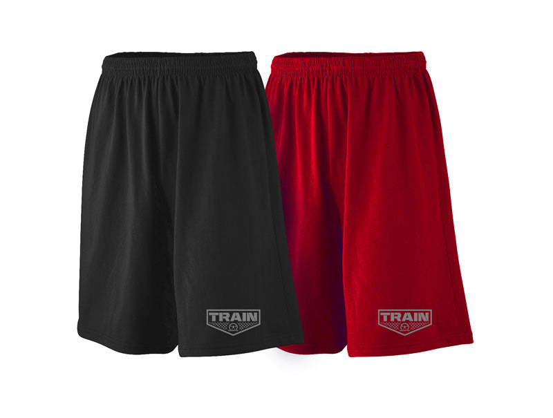 two pairs of shorts, one black and one red, with grey decals depicting the Train decal on the right pant leg