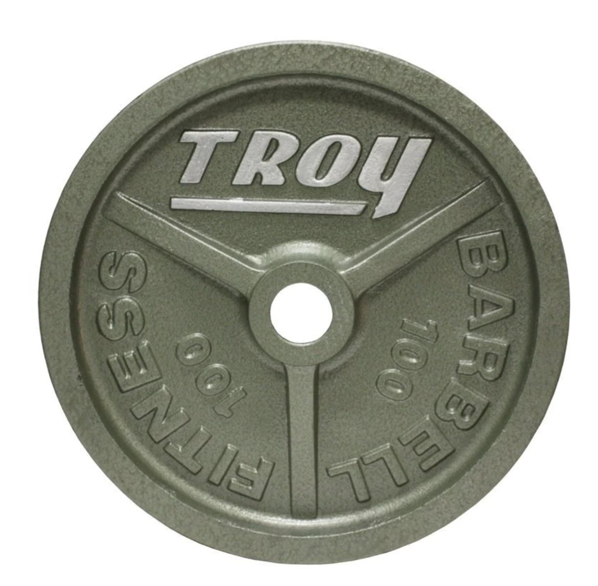 Green weight plate with 'Troy' branding on a white background