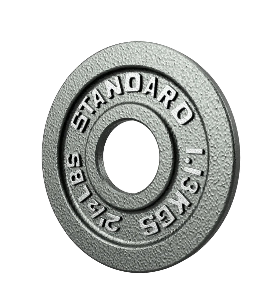 Gray weight plate with 'Standard' and weight markings on a white background