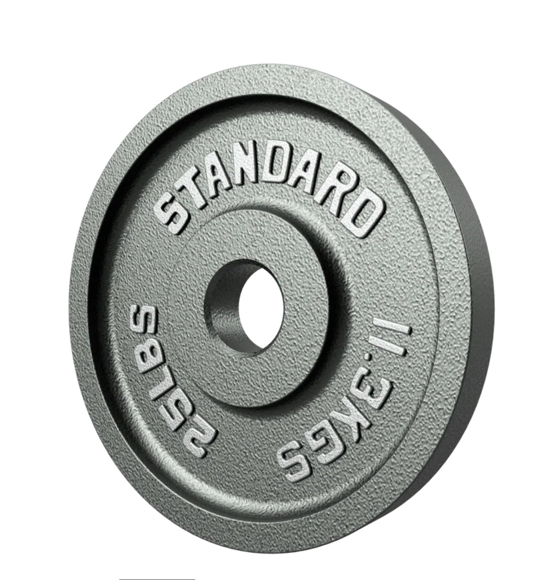 Gray weight plate with 'STANDARD' branding on a white background
