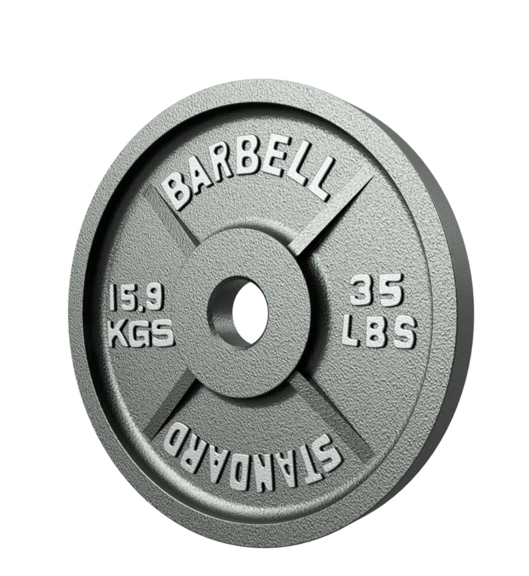 Gray weight plate with 'Barbell' branding on a white background