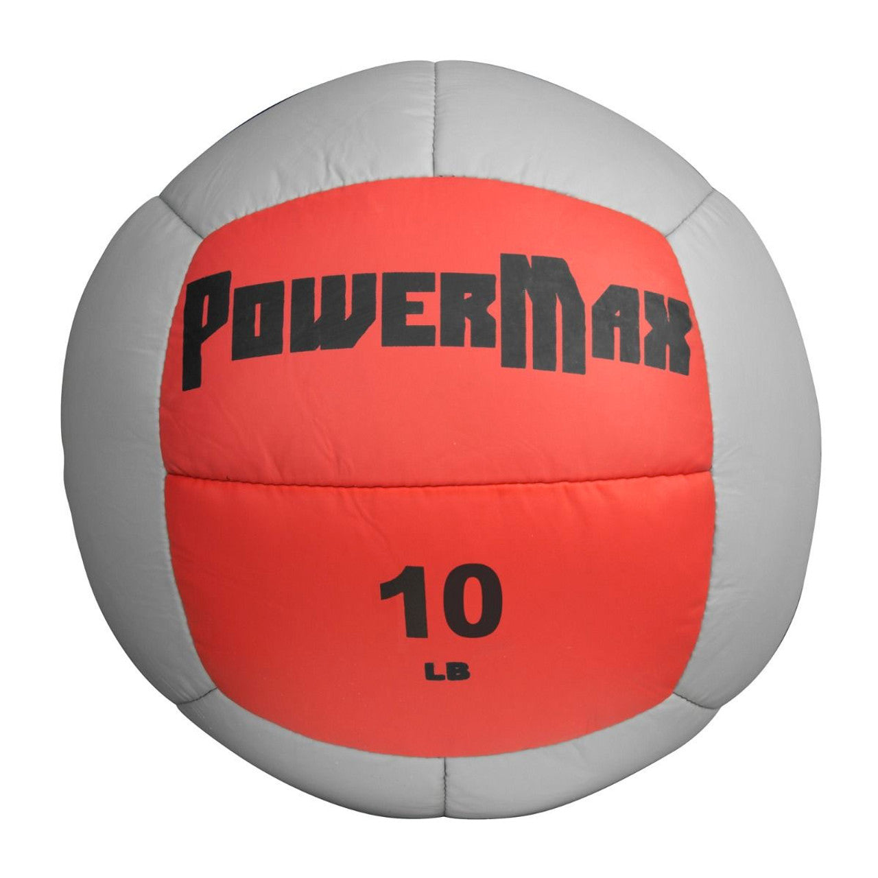 Red and gray PowerMax medicine ball with '10 LB' marking on a white background