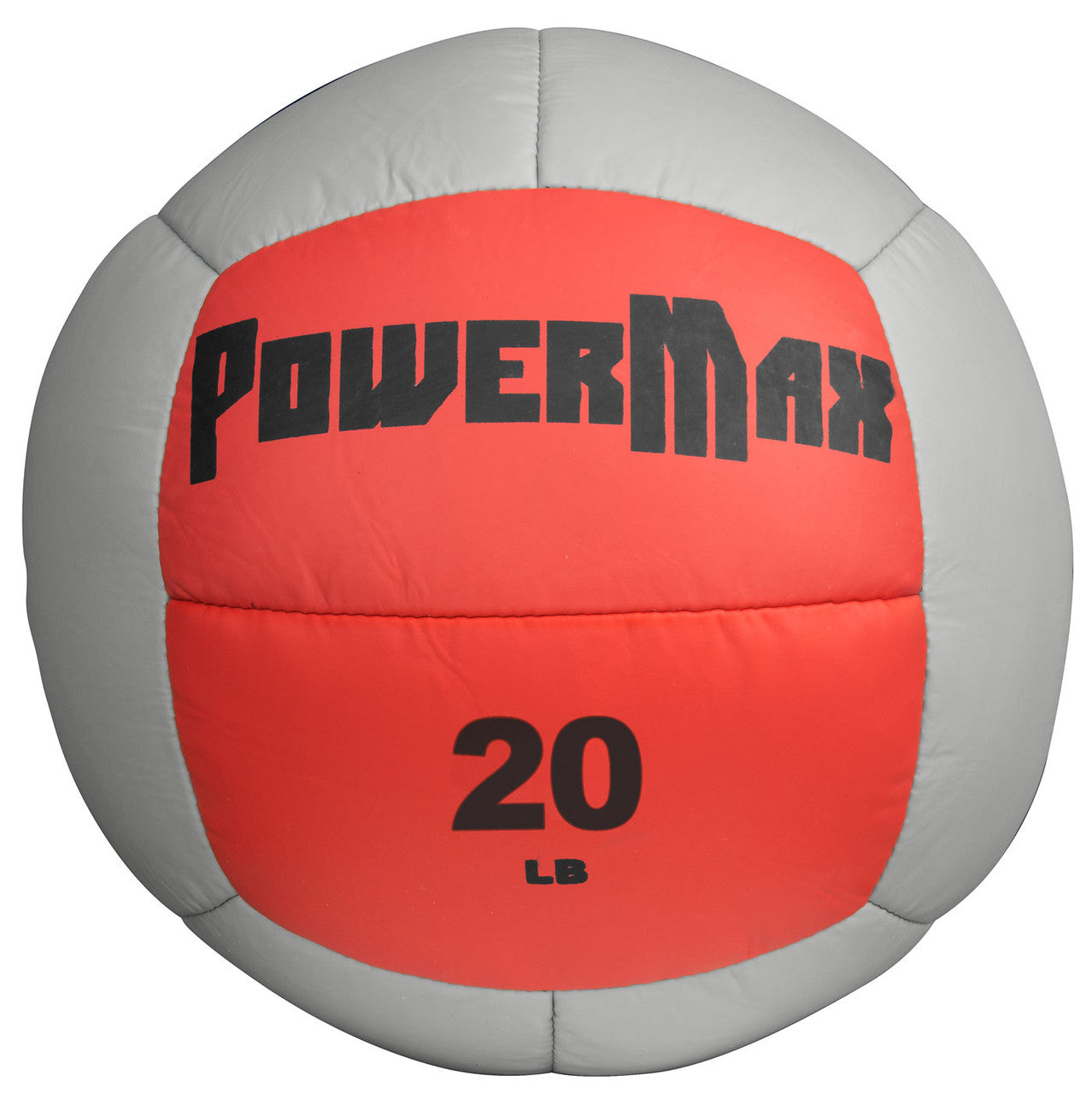 Red and gray PowerMax medicine ball with '20 LB' marking on a white background