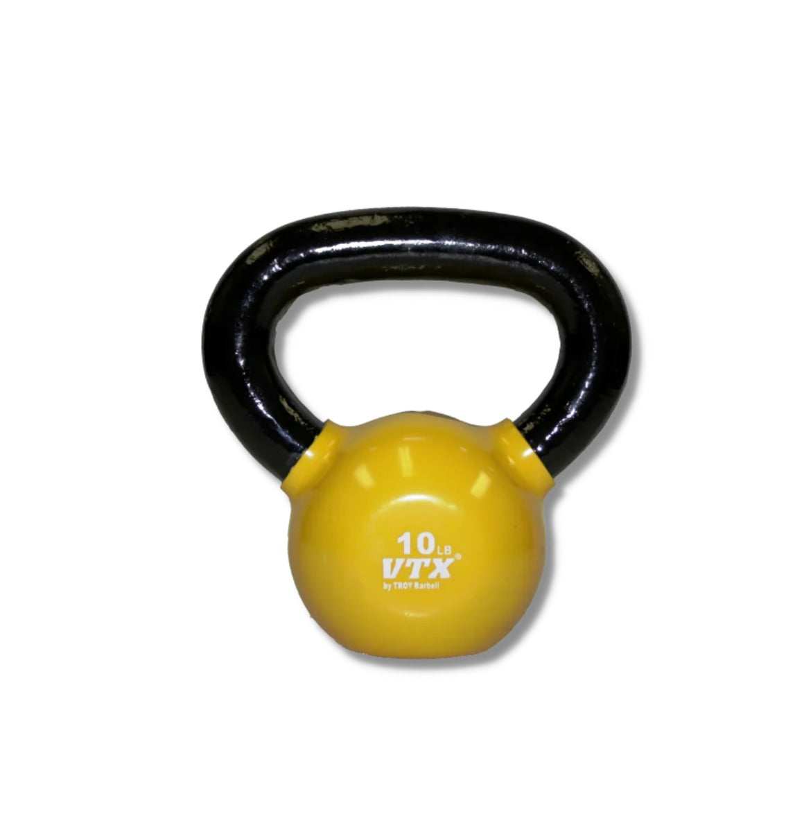 Yellow kettlebell with black handle on a white background