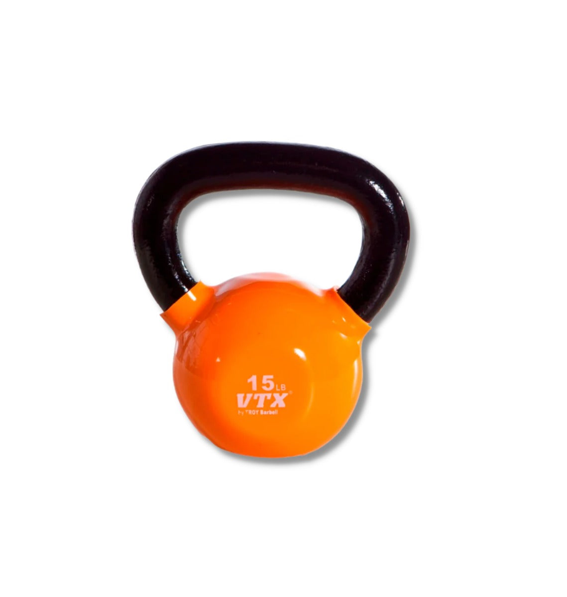 Orange kettlebell with black handle on a white background