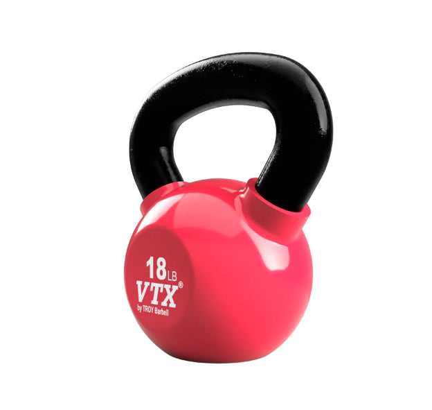 Red kettlebell with black handle labeled '18 LB VTX' on a white background
