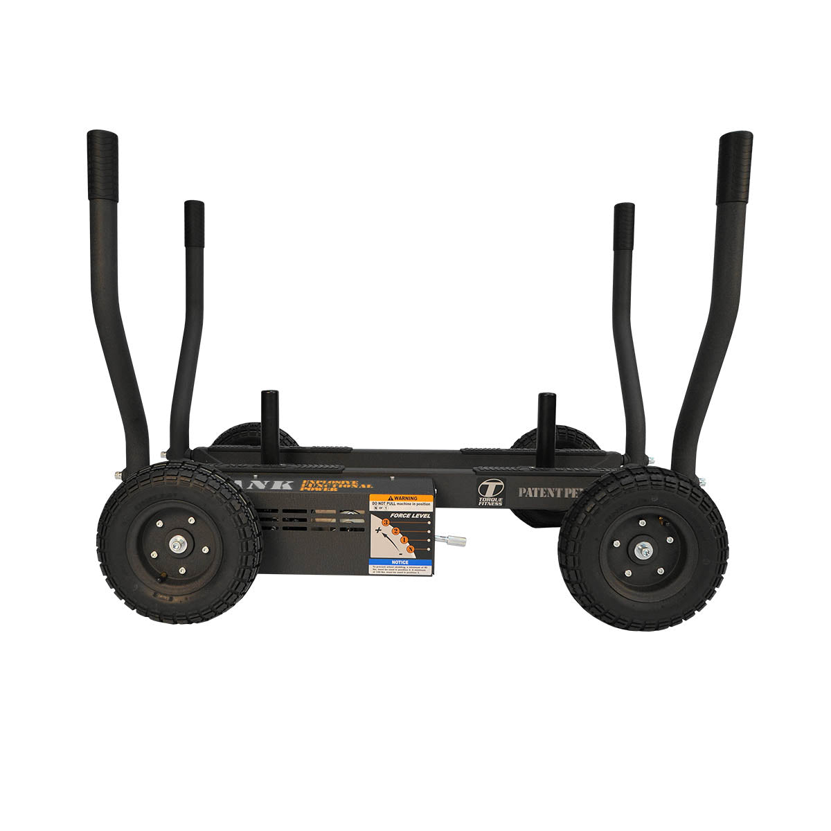 Black metal dolly with large wheels on a white background