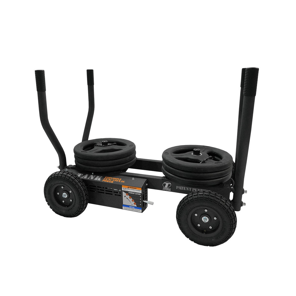 Black weight plate carrier with wheels on a white background