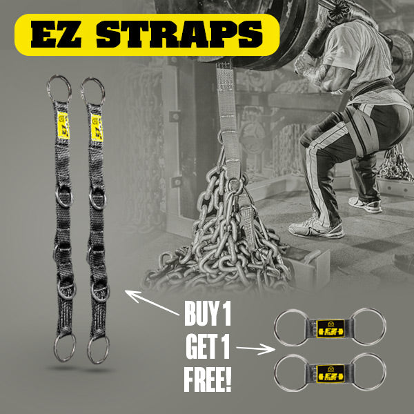 EZ Straps with a person lifting weights in the background, featuring a buy one get one free offer.