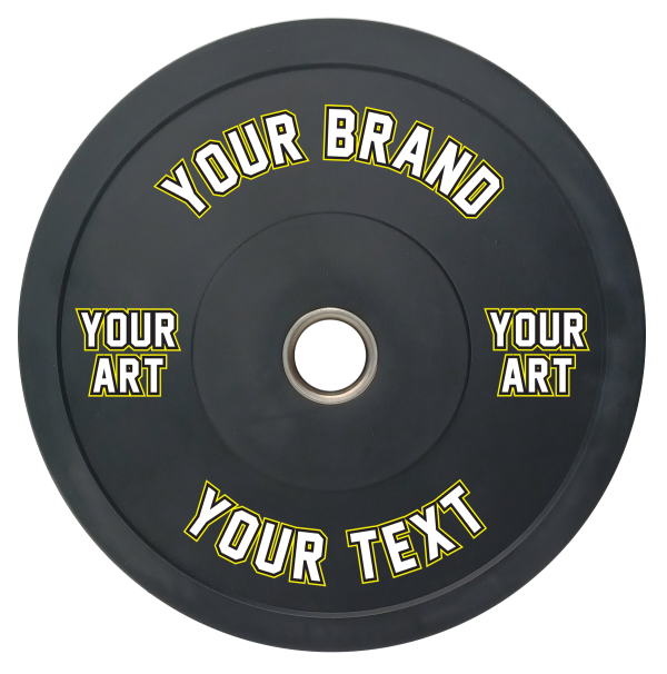 Black bumper plate with customizable text and branding areas on a white background