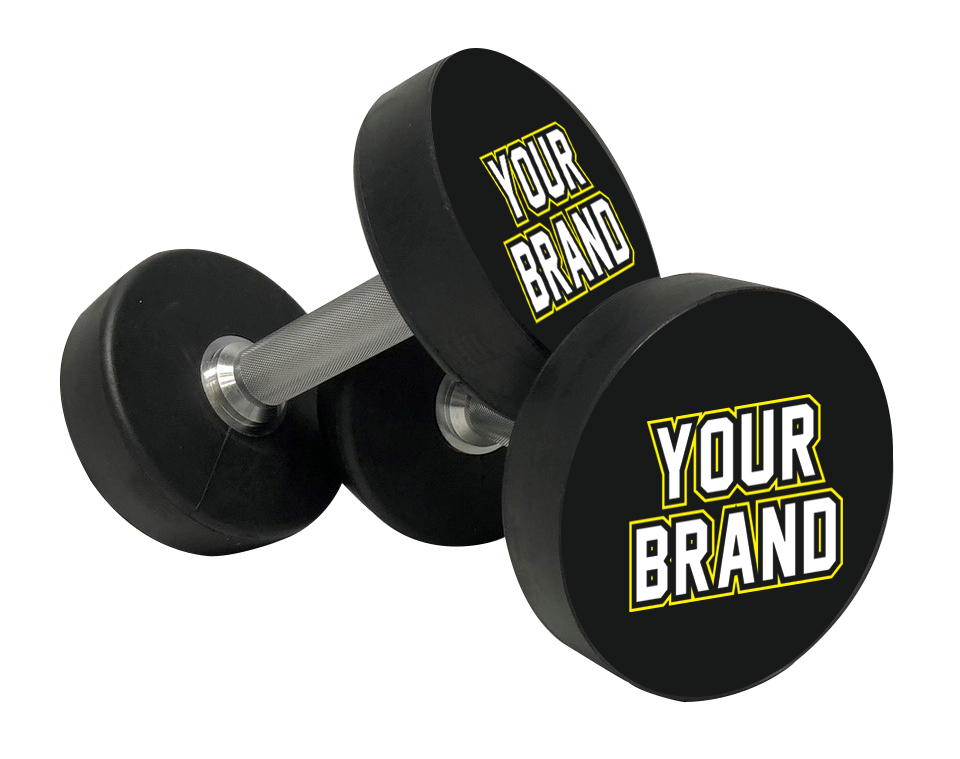 Pair of black dumbbells with 'Your Brand' text on a white background