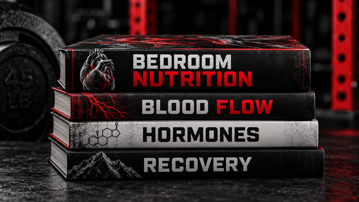 Manuals stacked up with bedroom nutrition blood flow hormones and recovery