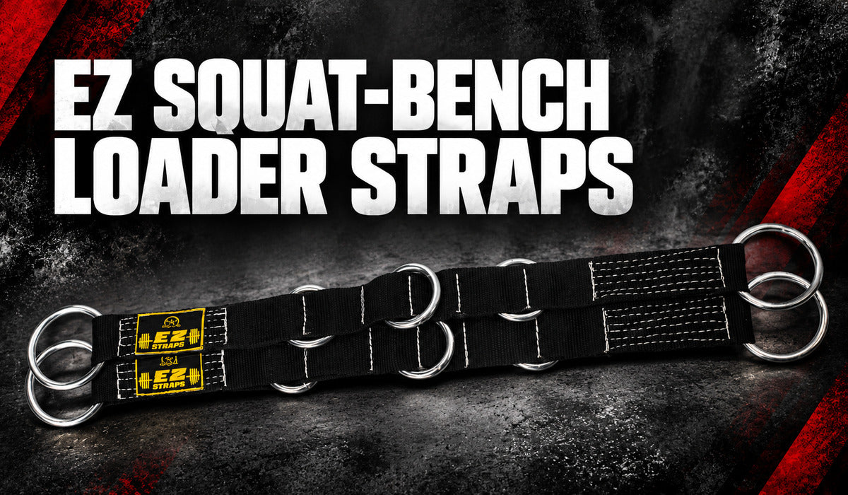elitefts EZ Squat-Bench Loader Straps integrated into a dark textured background with red accents and bold white title
