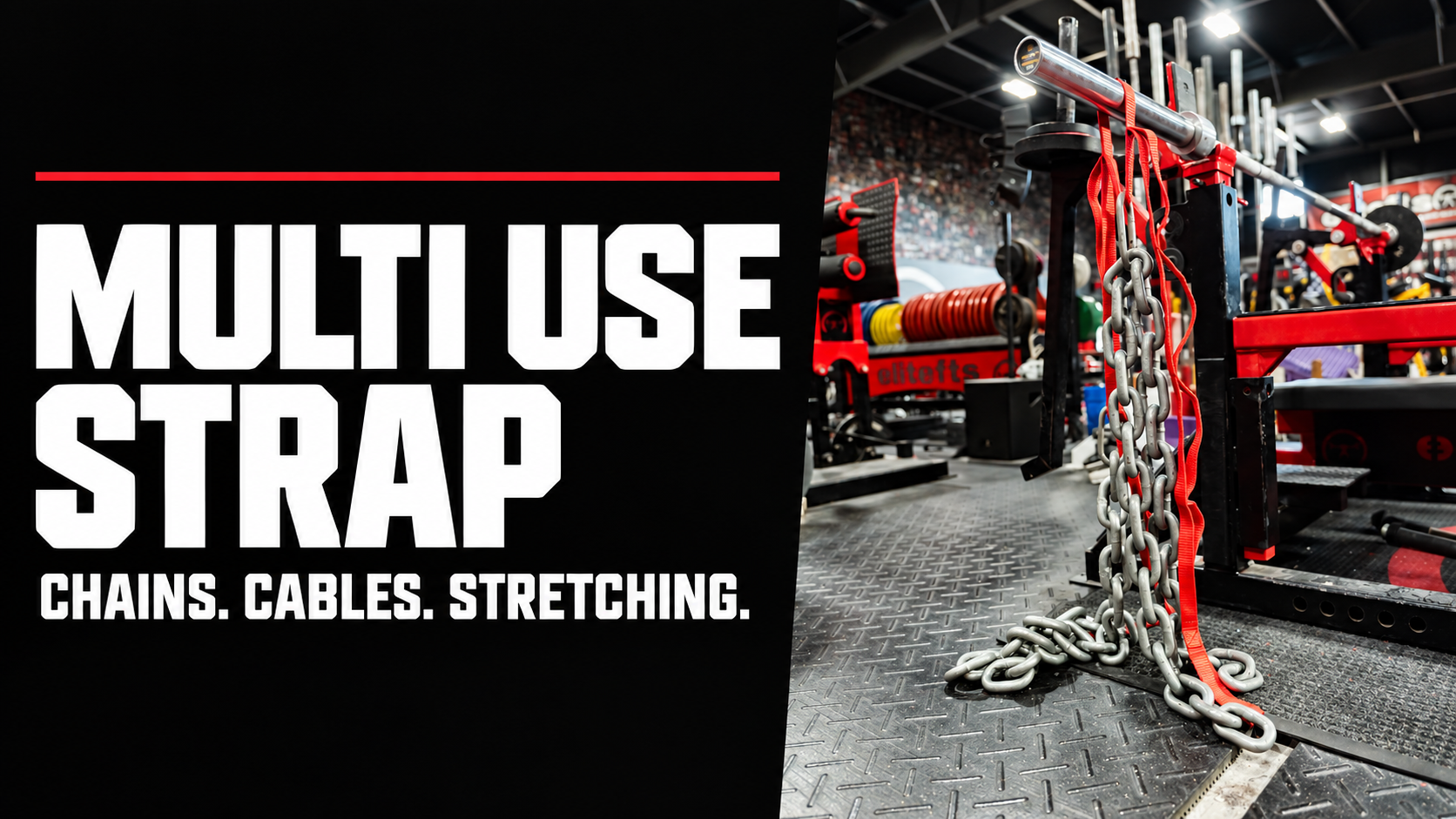 Multi Use Strap: Chains, Cables, Stretching, with the strap hanging chains from a barbell