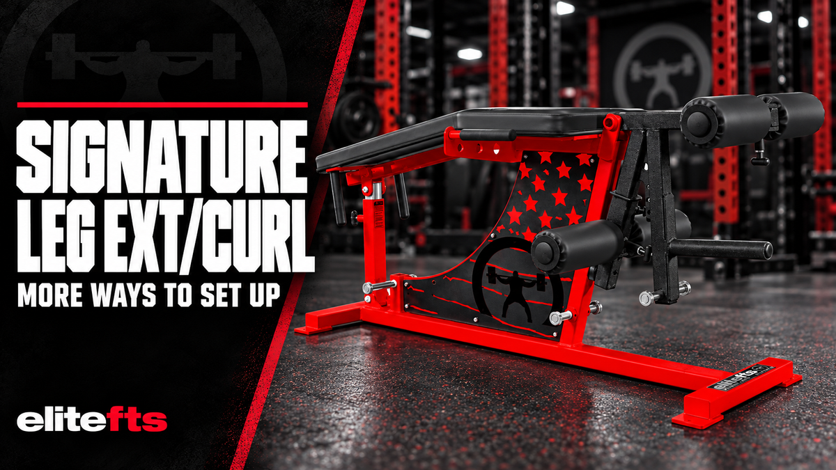 elitefts Signature Leg Ext/Curl machine in red with black pads beside the headline Signature Leg Ext/Curl: More Ways to Set Up