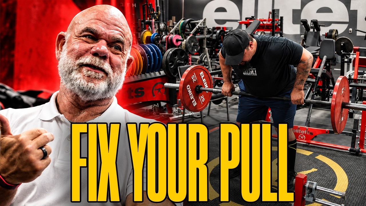 Dave Tate and Jared Martin demonstrating a heavy barbell row in the elitefts gym with the words Fix Your Pull.