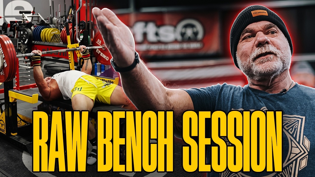 Jason Manenkoff benching beside Dave Tate in the Raw Bench Session video thumbnail.