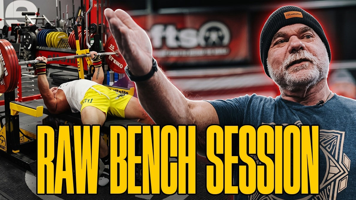 Jason Manenkoff benching beside Dave Tate in the Raw Bench Session video thumbnail.