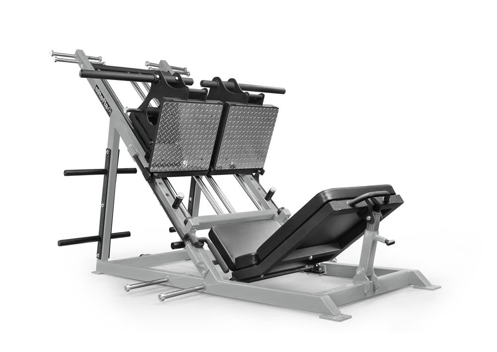 Platinum and black leg press machine on a white background