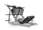 Platinum and black leg press machine on a white background
