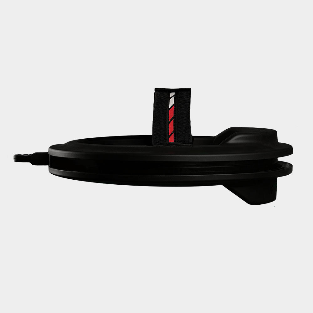 Black belt with a red and white striped buckle on a light gray background