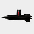 Black belt with a red and white striped buckle on a light gray background